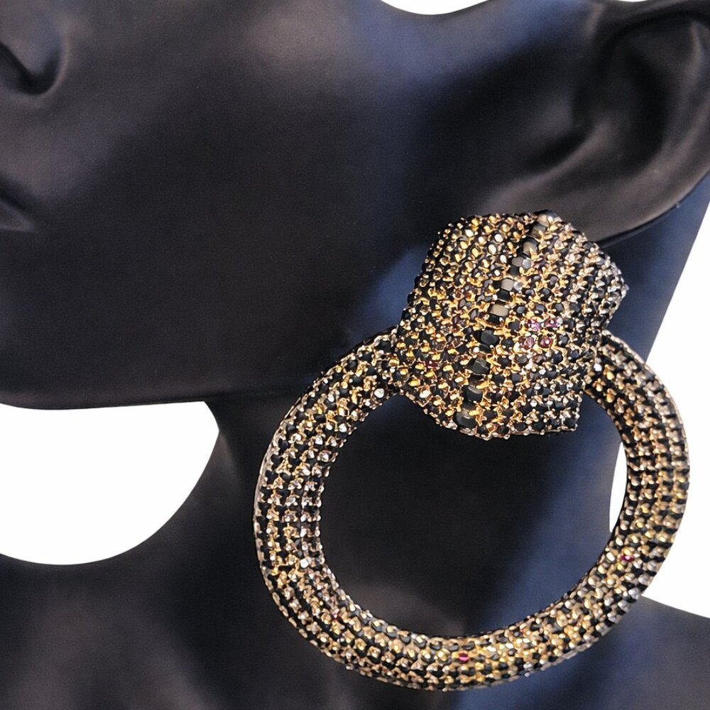 Gold-Tone Door Knocker Statement Earrings • Jet Stone Detail • 3.5" x 3"